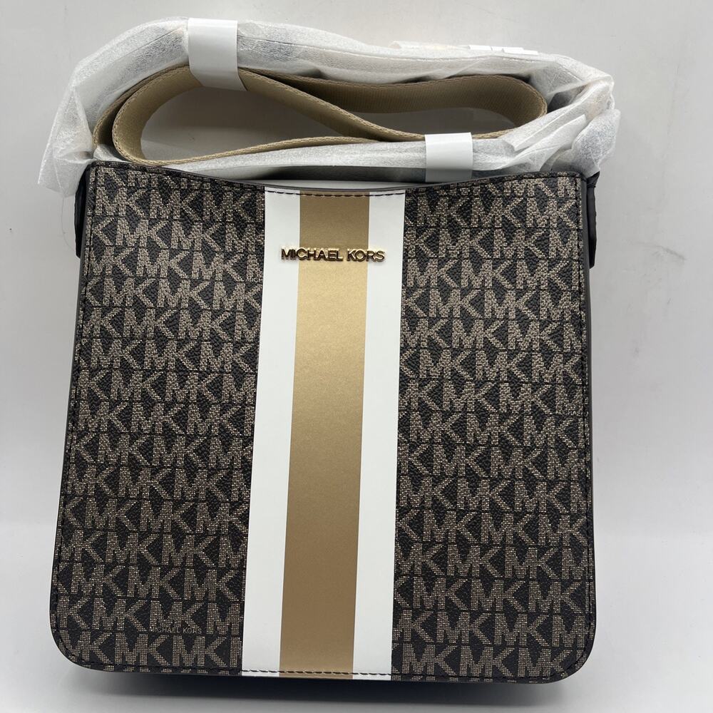 NWT Michael Kors brown jet set signature logo stripe crossbody bag handbag